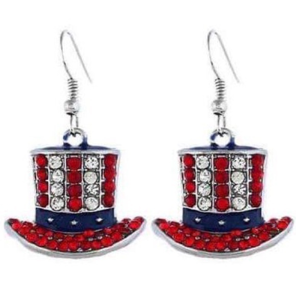 New Beautiful Patriotic Uncle Sams Rhinestone Hat Dangle Earrings - Picture 2 of 4